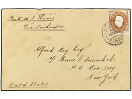 CABO VERDE. 1888 (Aug 18). Cover To NEW YORK Endorsed 'per R.M.S. Thames, Via Southampton' Franked By 1886 100r. Yellow  - Autres & Non Classés