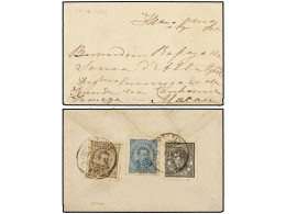 MACAO. 1882. LISBOA A MACAO. 5 Reis Negro, 25 Reis Bistre Y 50 Reis Azul. Muy Bonito Franqueo Tricolor. Rara Destinación - Other & Unclassified