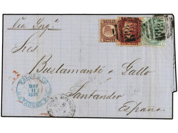 PUERTO RICO. 1876 (May 11). Entire Letter To SANTANDER (Spain), Franked By Great Britain 1870 1/2 D. Pl. 6, 1 D. Red Pl. - Autres & Non Classés