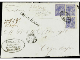 PUERTO RICO. 1877. FRONTAL De Carta Certificada De MAYAGUEZ A VEGA BAJA Con Franqueo De 25 Cts. Azul (3) Mat. PARRILLA C - Sonstige & Ohne Zuordnung