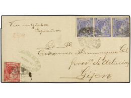 COLONIAS ESPAÑOLAS: PUERTO RICO. 1877. SAN JUAN A GIJÓN. 10 Cts. Carmín Y 25 Cts. Azul. Tira De Tres. Mat. PARRILLA COLO - Sonstige & Ohne Zuordnung