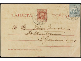 PUERTO RICO. 1905. Entero Postal De 5 Mils. Carmín Circulada En BARBADOS Con Sello Adicional De 1/2 P. Verde, Al Dorso L - Autres & Non Classés