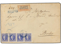 SERBIA. 1879 (11 March). BELGRADE To BERLIN. Fifth Printing 20 Pa. Ultramarine, Strip Of Four, Perf. 12, Tied By BEOGRAD - Autres & Non Classés