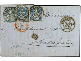 SUIZA. 1865. Entire Letter To BELLGARDE Franked By Two Shades Of 1862 10 C. Pale Blue And 2x10 C. Deep Blue Tied By GENE - Autres & Non Classés