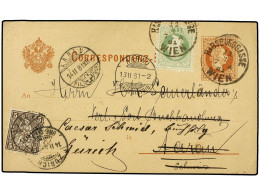SUIZA. 1881 (Feb 11). 2kr. Brown Postal Stationery Card Mailed To AARAU (Switzerland) And Up-rated With 1867-74 3kr. Gre - Andere & Zonder Classificatie