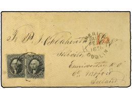 ESTADOS UNIDOS. 1858. Envelope To IRELAND Bearing 12 Cents Black (2) (Scott 36) Plate 1 Tied By HUNTINGTON IND. Datestam - Sonstige & Ohne Zuordnung