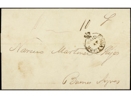 URUGUAY. 1854 (March 31). Outer Letter Sheet From MONTEVIDEO To BUENOS AIRES, Bearing Superb Strike On The PAID/AT/MONTE - Other & Unclassified