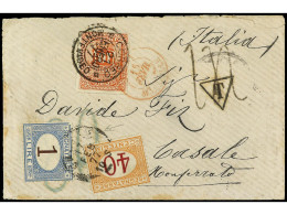 URUGUAY. 1877. MONTEVIDEO A MONFERRATO (Italia). 10 C. Rojo, Mat. Fechador Y PLATA/MARSEILLE. Tasada A La Llegada Con 40 - Altri & Non Classificati