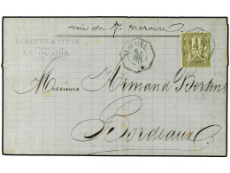 VENEZUELA. 1877. LA GUAYRA A BURDEOS Circulada Con Sello Francés De 1 Fr. Verde Mat. Octogonal LA GUAYRA/* (Salles 1374) - Other & Unclassified