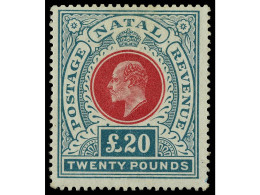 * NATAL. 1902. 20 £ Red And Green, Well Centered, Fresh Colours. Original Gum Very Fine And Choice. VERY RARE. Cert. A.  - Otros & Sin Clasificación