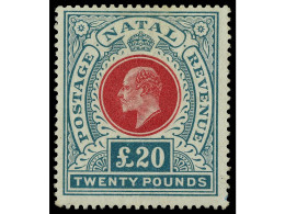 * NATAL. 1902. 20 £ Red And Green, Well Centered, Fresh Colours. Original Gum Very Fine And Choice. VERY RARE. Cert. A.  - Autres & Non Classés