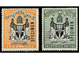 * NYASSALAND. 1896. BRITISH CENTRAL AFRICA. 10 £ Black And Orange (thinned) And 25 £ Black And Green, Overprint SPECIMEN - Otros & Sin Clasificación