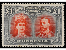 * RHODESIA. 1910. 1 £ Carmin-red And Bluish Black. Minimal Age Spot On One Perforation. Yv. 38 Cat. 1.500€. SG.165. - Andere & Zonder Classificatie