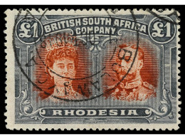 ° RHODESIA. 1910. 1 £ Red And Black, Cancelled BULAWAYO. Perf. 15. RARE Stamp. HOLCOMBE Certificate. Yv. 38a. SG.179. St - Sonstige & Ohne Zuordnung