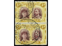 ° RHODESIA. 1910. 3 P. Purple And Ochre, Pair. SALISBURY C.d.s. Perf. 14 X 15. Yv. 25 Var. SG.180. Stanley Gibbons.600£. - Andere & Zonder Classificatie