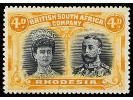 * RHODESIA. 1910. 4 P. Black And Orange. Perf. 15 X 14. Yv. 26 Var. SG.181. Stanley Gibbons.450£. - Autres & Non Classés