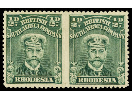 * RHODESIA. 1913. 1/2 P. Dull Green, Imperforate Vertical, Horizontal Pair. Corner Crease And Age Spot. RARE. Yv. 39 Var - Autres & Non Classés