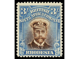 * RHODESIA. 1913. DIE II. 3 S. Chocolate And Blue. Perf. 15. Yv. 53 Var. SG.250. Stanley Gibbons.750£. - Autres & Non Classés