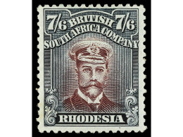 * RHODESIA. 1913. DIE III. 7 S. 6 D. Maroon And Slate-black. Perf. 14. RARE. Yv. 55 Var. SG.276a. Stanley Gibbons.900£. - Sonstige & Ohne Zuordnung