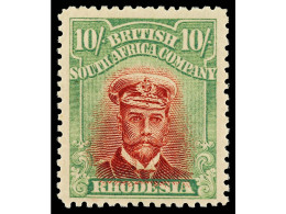 * RHODESIA. 1913. DIE III. 10 S. Carmine-lake And Yellow-green. Perf. 14. Yv. 56 Var. SG.277. Stanley Gibbons.400£. - Autres & Non Classés