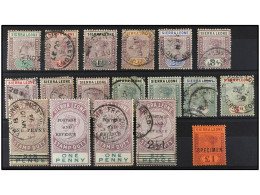 */° SIERRA LEONA. 1896-7. COMPLETE Set, Mostly Used, And 1 £ Overprinted SPECIMEN. Includes Some Values Of The Revenue S - Autres & Non Classés
