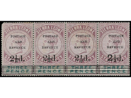 * SIERRA LEONA. 1897. 2 1/2 P. On 3 P. Dull Purple And Green. Strip Of Four. First Stamp Corner Fault. Few Age Spots. Yv - Altri & Non Classificati