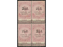 (*) SIERRA LEONA. 1897. 2 1/2 P. On 1 S. Dull Lilac. Block Of Four, No Gum. Water-stained As Usual. Yv. 47 (2), 47 A/b C - Other & Unclassified