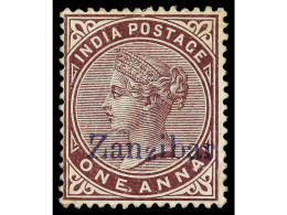 * ZANZIBAR. 1895. 1 A. Plum, Overprinted Zanzibar In Blue. Corner Crease At Bottom Left. RARE. Yv. 2a Cat. 3.000€. SG.2. - Andere & Zonder Classificatie