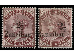 * ZANZIBAR. 1896. 2 1/2 On 1 A. Plum, Surcharged 3 And 5. SG.23, 25. Stanley Gibbons.380£. - Other & Unclassified