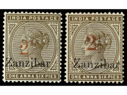 * ZANZIBAR. 1896. 2 1/2 On 1 1/2 A. Sepia, Surcharged 6 And 7. SG.29, 30. Stanley Gibbons.605£. - Other & Unclassified