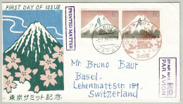 Japan / Nippon 1986, Brief Ersttag Nagoya - Basel, Mehrfachfrankatur, Wirtschafts-Gipfelkonferenz Fujisan - Brieven En Documenten