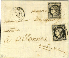 Càd T 15 LE LUDE (71) 4 JANV. 49 / N° 3 (2 Dont 1 Ex Filet Effleuré) Sur Lettre Avec Texte 2 Ports Pour Allones. Au Vers - 1849-1850 Cérès