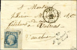 Grille / N° 14 Bleu Laiteux Coin De Feuille Càd T 15 NIMES (29) Cursive 29 / St Mamert / Du Gard Sur Lettre Pour Valréas - 1853-1860 Napoléon III.