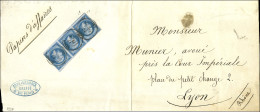 Càd T 15 DIJON (20) / N° 14 Type 2 Bleu Sur Lilas Foncé Bande De 3 Sur Papiers D'affaires Pour Lyon. 1862. Très Rare Ass - 1853-1860 Napoleon III