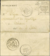 Càd PARIS (60) 26 JANV. 71 (timbre Tombé Par Immersion) Sur Lettre PAR BALLON MONTE Pour Trévoux. Au Verso, Rare Càd De  - Krieg 1870