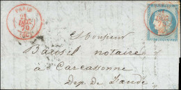 Càd Rouge PARIS (SC) 21 DEC. 70 / N° 37 (cachet Répété) Sur Lettre Pour Carcassonne (Aude). Au Verso, Càd D'arrivée 26 D - Guerre De 1870