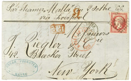 GC 1769 / N° 24 Càd LE HAVRE (74) Sur Lettre Pour New York. Au Recto, Taxe Tampon 9 Rouge Pour La Redevance Due Par La F - 1849-1876: Classic Period