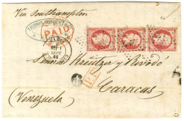 Etoile 4 / N° 24 Bande De 3 Càd PARIS / R. D'ENGHIEN Sur Lettre Pour Caracas. Au Recto, Càd De Passage LONDRES Et Taxe T - 1849-1876: Klassik