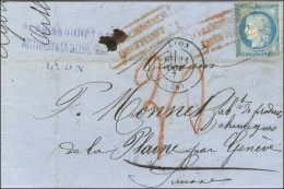 Griffe Rouge / AFFRANCHISSEMENT / INSUFFISANT / N° 60 Càd T 17 LYON (68) Sur Lettre Insuffisamment Affranchie Pour Genèv - 1849-1876: Periodo Clásico