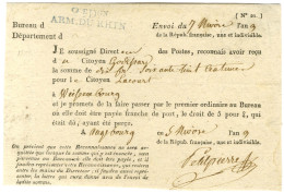 9e Don / ARM. DU RHIN Bleu Sur Document De L'administration Des Postes Daté De Magdebourg Le 5 Nivose An 9. - SUP. - R. - Army Postmarks (before 1900)