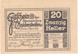 Autriche, Haidershofen, 20 Heller, Château 1920-12-31, SPL Mehl:FS 335Ib - Oesterreich