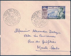 OBLITERATION CACHET COMMÉMORATIF " TOUR DE FRANCE CYCLISTE / CINQUANTENAIRE " MONACO 1953 Sur LETTRE ANAPHYLAXIE - Brieven En Documenten