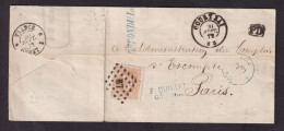 DDFF 519 - Lettre TP 33 COURTRAI 1872 Vers PARIS - Marque D'échange Belge FRANCE OUEST 3 (Ambulant) - Transit Offices