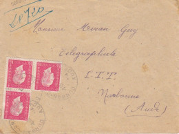 Lettre Recommandée Obl. Durban-Corbières Le 12/11/44 Sur 1F50 Dulac N° 691 X 3 (tarif Du 5/1/42) Pour Narbonne - 1944-45 Marianne Of Dulac