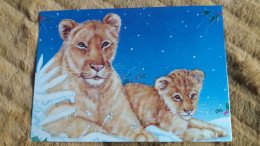 CPM DOUBLE FELINS LIONNE LIONCEAU MAMAN ET SON PETIT HOUX NEIGE FORMAT 11.5 PAR 16.5 CM ED IVOIRE A 1403 1/4 - Lions