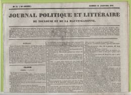 JOURNAL POLITIQUE DE TOULOUSE 21 01 1837 - MORT PEINTRE GERARD - DEBATS SUR L'ESPAGNE - DOUANES TOULOUSE - STRASBOURG - - 1800 - 1849