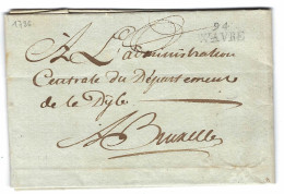 1796 - Lettre De 94 / WAVRE ( La Dyle ) 25 Mm Noir  Pour Bruxelles - 1794-1814 (Période Française)