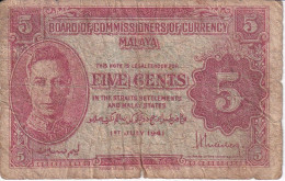 BILLETE DE MALASIA DE 5 CENTS DEL AÑO 1941 (BANKNOTE) - Malaysia