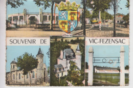 CPSM Vic-Fezensac - Souvenir De Vic-Fezensac - Blason Et 5 Vues : L'église - Les Arènes - Le Stade ... - Vic-Fezensac
