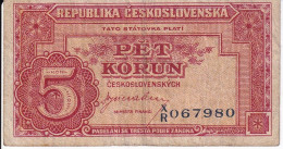 BILLETE DE CHECOSLOVAQUIA DE 5 KORUN DEL AÑO 1945  (BANKNOTE) - Tschechoslowakei